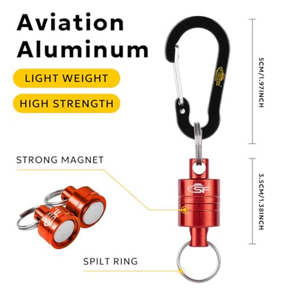 SF Strongest Magnetic Net Release Magnetic Keychain Fly Fishing Net Retractor Magnet Clip Holder Retractor with Retractable Coiled Lanyard Carabiner - color: Red Magnet+ Black Aluminum Alloy Hook