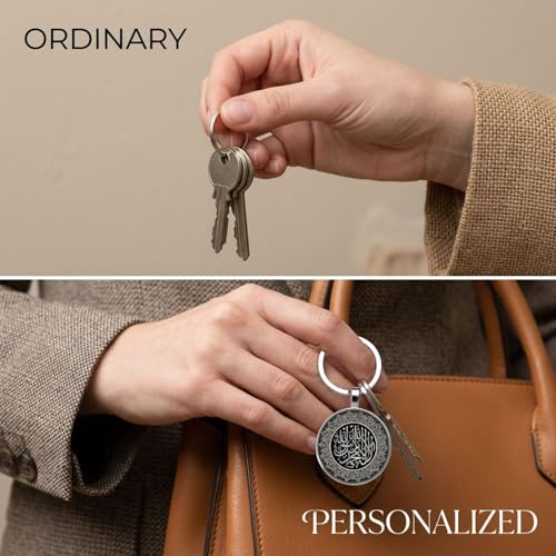 2 Pcs Islamic Calligraphy Keychain, Alloy Metal Double Sided Epoxy Resin Shahada Design Key Fob, Durable Portable 1.1 in / 2.7 cm Pendant, 1.2 in / 3 cm Ring Diameter for Memorial Gift, Everyday Use