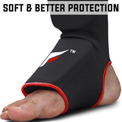 Mytra Fusion Shin Pads Instep Protector Kick Boxing Muay Thai Training Elasticated shin Guards - color: Black, size: Small-Medium
