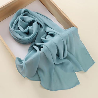 Premium Long Crinkle Chiffon Hijab Scarf for Women, Very Soft Muslim Head Scarfs - color: Gray Blue