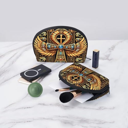 Egyptian Symbol 2-Piece Shell Makeup Bag Set, Large Capacity Travel Cosmetic Bag For Women With Zipper, Waterproof Polyester Toiletry Organizer Pouch For Purse, Travel, Gym & Daily Use - color: Egyptian Symbol