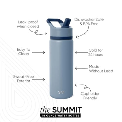 Simple Modern Insulated Water Bottle with Straw | 18oz | Blue | Summit Stainless Steel Water Bottles, Metal Cup | Leak Proof for School, Gym, Travel, Sports | Blue Dune - color: -Blue Dune, style: 18oz