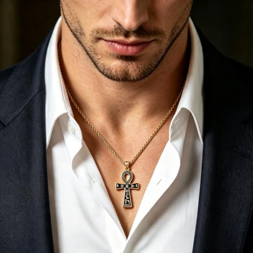 Ankh Cross Pendant Ancient Egyptian Hieroglyphic Symbol of Health and Eternal Life Men Cross Necklace with Tiger Eye Stone Obsidian Hematite Triple Protection Crystal Beads Chain - color: style 2