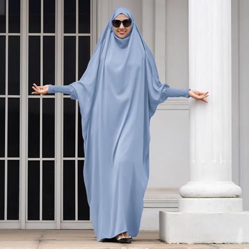IDOPIP Muslim Abaya for Women One Piece Long Sleeve Islamic Prayer Dress with Hooded Hijab Maxi Kaftan Robe Modest Clothes - color: Blue
