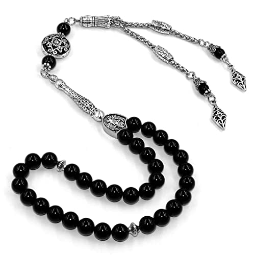 Design - Long & Stylist Tassels Worry Beads - Prayer Beads (8 mm-33 Beads) Tesbih-Tasbih-Tasbeeh-Misbaha-Subha-Sebha-Sibha-Rosary (Shiny Natural Round Agate Stone) - color: Shiny Natural Round Agate Stone