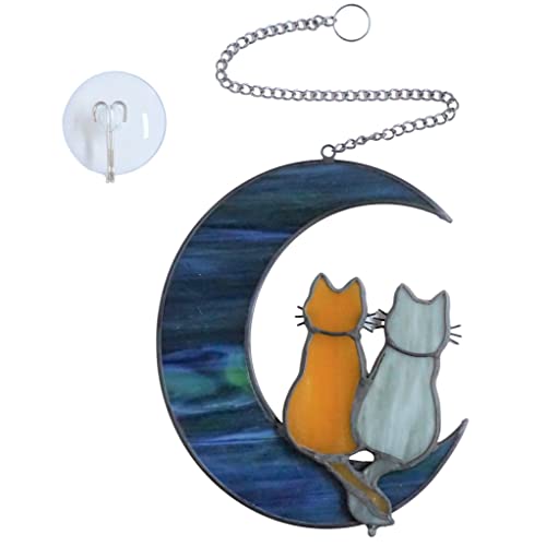 Cat Stained Glass Suncatcher, Cat on Moon Window Hanging Decor - color: Cats and Moon