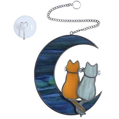 Cat Stained Glass Suncatcher, Cat on Moon Window Hanging Decor - color: Cats and Moon