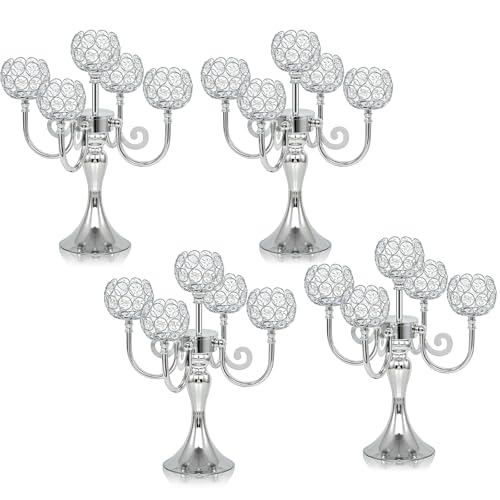 5 Arm Metal Crystal Candelabra Centerpiece - 13.4 Inch Elegant Candle Holder with Crystal Beads for Wedding Party Christmas Home Dining Table Decoration (4, Silver) - color: Style-a-silver