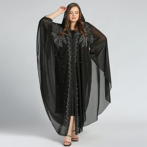 OBEEII Muslim Dress for Women Loose Batwing Sleeved Hooded Beaded Embroidery Long Abaya Dress Kaftan Abayas Islamic Robe - color: Bs07