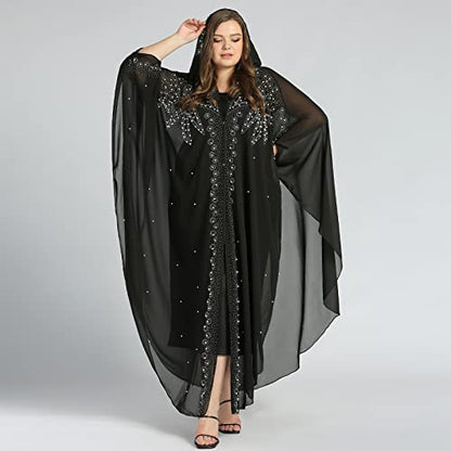 OBEEII Muslim Dress for Women Loose Batwing Sleeved Hooded Beaded Embroidery Long Abaya Dress Kaftan Abayas Islamic Robe - color: Bs07