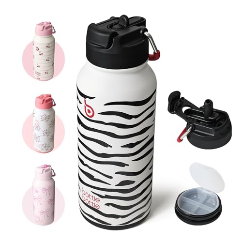BOTTLE BOTTLE 32oz Insulated Water Bottle with Pill Box | Stainless Steel,Sport Water Bottle, with Straw Dual-use Lid and Pill Box, Design for Gym - color: Zebra Stripe