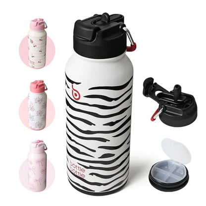 BOTTLE BOTTLE 32oz Insulated Water Bottle with Pill Box | Stainless Steel,Sport Water Bottle, with Straw Dual-use Lid and Pill Box, Design for Gym - color: Zebra Stripe