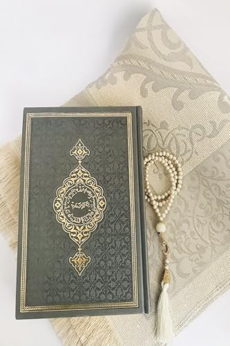 Medium Size Quran Set - Gray Thermo Leather Cover, Prayer Beads, Seccade - Hayrat Neşriyat