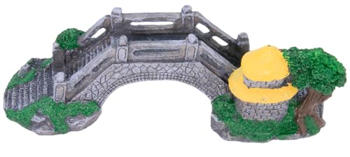 Aquarium Bridge Ornament with Stone Arch & Cottage, Resin, Gray Stone with Green Accents & Yellow Cottage Roof