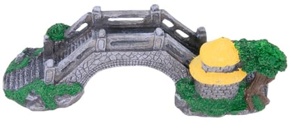 Aquarium Bridge Ornament with Stone Arch & Cottage, Resin, Gray Stone with Green Accents & Yellow Cottage Roof