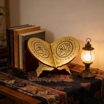 KYMY Muslim Quran Rehal Book Stand – Foldable Wooden Carved Quran Reading Holder for Al-Quran, Koran, Bible Books, Islamic Prayer Book Stand for Ramadan & Eid Decor - style: Round