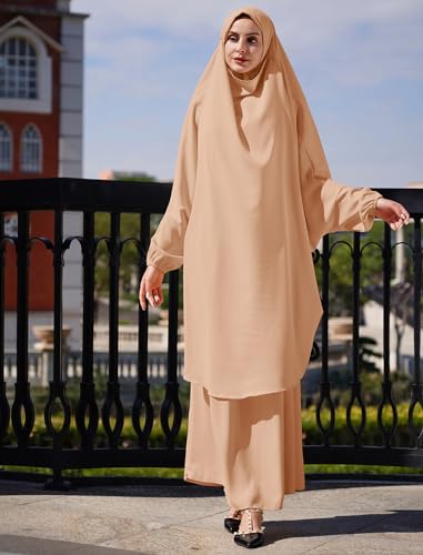 Abayas for Women Muslim Chiffon Prayer Burqa Dress Burkas for Women Muslim Hijab Dress Full Length Islamic Veil Abaya Set - color: Khaki-loose