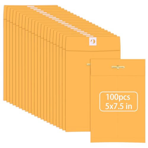 100 Pcs 5 x 7.5Inch Small Manila Clasp Envelopes 28 lb Envelopes with Gummed Seal for Document School Office Business Home
