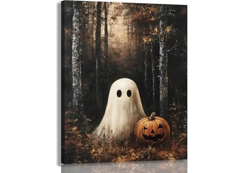 DAXINGJ Vintage pumpkin Halloween Ghost Canvas Wall Art, Framed 12x16 Inch | Rustic cottagecore artwork with autumn woodland scenery for bedroom, living room, bathroom, or bar decor. - color: black ghost, size: 16"L x 12"W