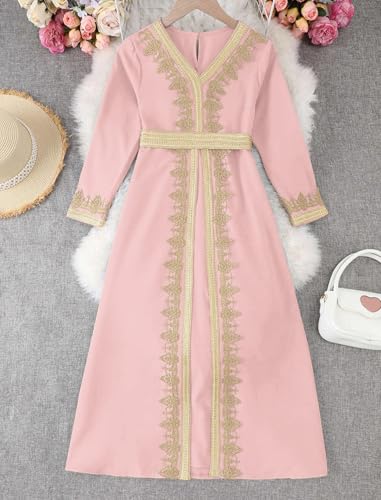 IWEMEK Abaya for Girls Muslim Prayer Dress Kids Islamic Dubai Eid Ramadan Clothes Wedding Saudi Arabic Kaftan Dress with Belt - color: Pink+gold, size: 9-10 Years