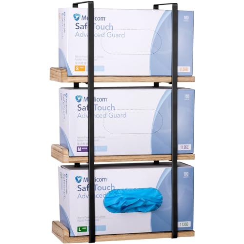 Glove Holder Dispenser for Wall Mount Wooden Metal Disposable Latex Glove Box Holder for Home Office, Lab and Garage, Tissue Wire Rack Wall-mounted for Kitchen Organizer Decor