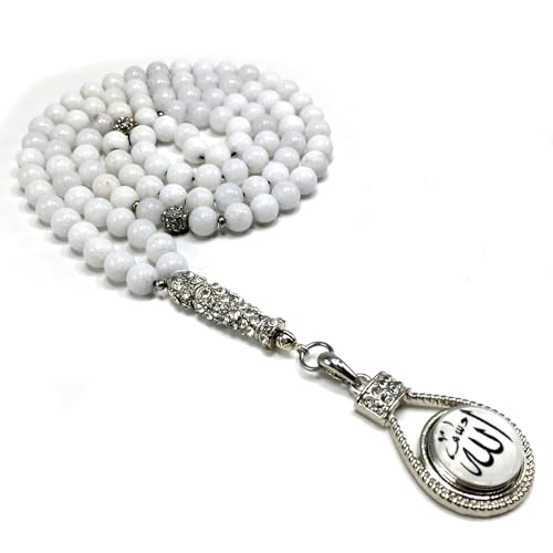 Special Prayer Beads Series -99 beads- Tesbih Tasbih Tasbeeh Misbaha Masbaha Subha Sebha Sibha (White Jade Stone -8 mm 99 Beads- & Zircon Stone Design) - color: White Jade Stone -8 mm 99 Beads- & Zircon Stone Design