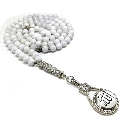Special Prayer Beads Series -99 beads- Tesbih Tasbih Tasbeeh Misbaha Masbaha Subha Sebha Sibha (White Jade Stone -8 mm 99 Beads- & Zircon Stone Design) - color: White Jade Stone -8 mm 99 Beads- & Zircon Stone Design