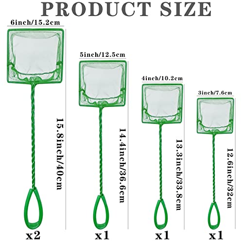5 Pack Aquarium Fish Net, Multi-Size Fine Quick Fish Catch Nets Nylon Fishing Mesh Nets with Long Plastic Handle for Fish Tank - Green (3in, 4in, 5in, 6in, 6in)