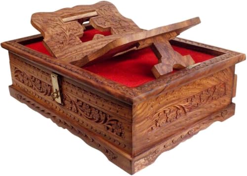 Wooden Rehal Box – Foldable Holy Book Stand Storage Box for Quran, Ramayan, Bible, Gita, Guru Granth Sahib – Intricately Carved, Antique Finish, Gift & Decor (Brass Inlay Design)