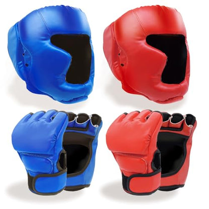 Boxing Gloves and Headgear Set Including 2 Pack Boxing Headgear and 2 Pack Boxing Gloves Boxing Equipment Sparring Gear Equipment for Beginners Adults - color: BlueRed