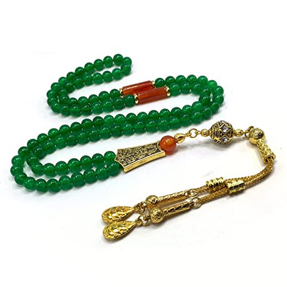 Special Prayer Beads Series -99 beads- Tesbih Tasbih Tasbeeh Misbaha Masbaha Subha Sebha Sibha (GREEN JADE NATURAL STONE & GOLD TASSEL -6 mm 99 small beads-) - color: GREEN JADE NATURAL STONE & GOLD TASSEL -6 mm 99 small beads-