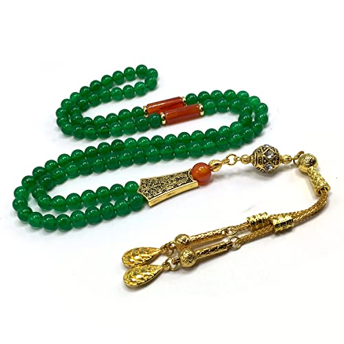 Special Prayer Beads Series -99 beads- Tesbih Tasbih Tasbeeh Misbaha Masbaha Subha Sebha Sibha (GREEN JADE NATURAL STONE & GOLD TASSEL -6 mm 99 small beads-) - color: GREEN JADE NATURAL STONE & GOLD TASSEL -6 mm 99 small beads-