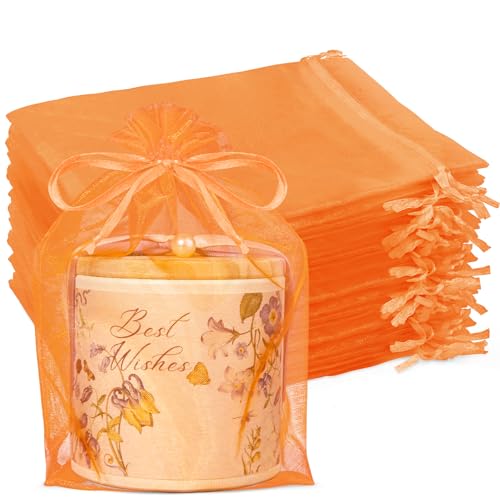 Crweety 100Pcs Large Orange Organza Bags 6x9，Small Mesh Gift Bag Drawstring - color: Orange