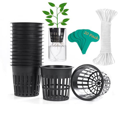 ORIMERC 4 inch Net Pots, 20 Pack Net Cups with 20 feet Self-Watering Rope&Plant Labels, for Hydroponic Aquaponics Kratky Orchid Vegetable Indoor Outdoor Growing Baskets Nursery Slotted Mesh BPA Free - size: 4 inch (20 Pack)