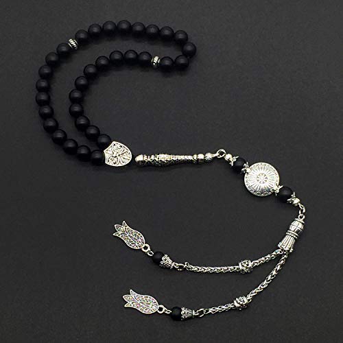 Stylist Prayer Beads (8 mm-33 Beads) Tesbih-Tasbih-Tasbeeh-Misbaha-Masbaha-Subha-Sebha-Sibha-Rosary-Worry Beads (Black Matte Agate Stone) - color: Black Matte Agate Stone