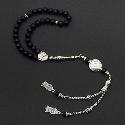 Stylist Prayer Beads (8 mm-33 Beads) Tesbih-Tasbih-Tasbeeh-Misbaha-Masbaha-Subha-Sebha-Sibha-Rosary-Worry Beads (Black Matte Agate Stone) - color: Black Matte Agate Stone