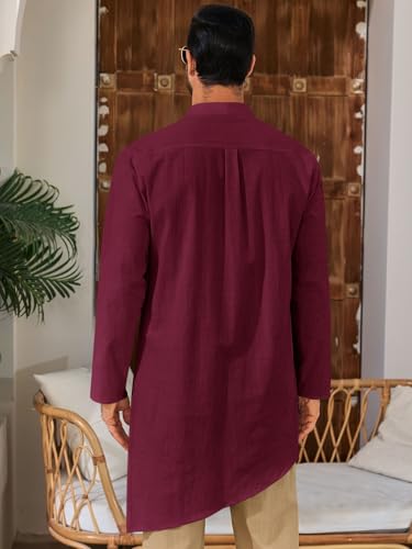 Runcati Mens Kaftan Robe Thobe Cotton Long Sleeve Henley Shirt Casual Muslim Gown Kurta Tops - color: Burgundy, size: Small