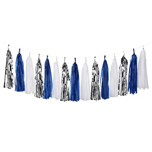 Navy-Blue White-Silver Tassel Garland Streamers - 15pcs Party Decorations Tissue Paper Tassels Banner,Graduation 2025 Wedding Baby Bridal Shower Hanging Decoration Boy Birthday Backdrop Decor Panduola - color: Navy Blue White Silver