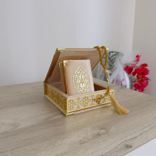 Velvet Covered Quran Tasbeeh Islamic Gift Set | Holy Quran Prayer Beads Wooden Gift Box | Islamic Birthday, Wedding Gift | Islam Graduation Gift | Muslim Gift Favor | Eid, Ramadan Gift Favor (Gold) - color: Gold