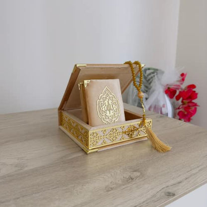 Velvet Covered Quran Tasbeeh Islamic Gift Set | Holy Quran Prayer Beads Wooden Gift Box | Islamic Birthday, Wedding Gift | Islam Graduation Gift | Muslim Gift Favor | Eid, Ramadan Gift Favor (Gold) - color: Gold