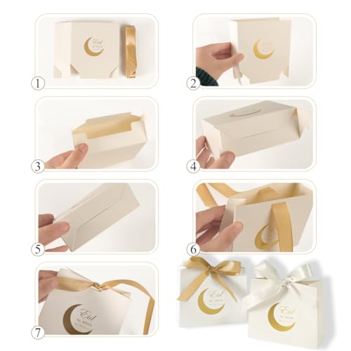 Haozaikeji 20 Pack Eid Party Favor Box, Moon & Castle Pattern, Gold & White, 4.5 x 3.8 Inch, DIY Treat Paper Box with Ribbon Bow, Ideal for Eid Al Fitr Party Supplies - color: gold-moon