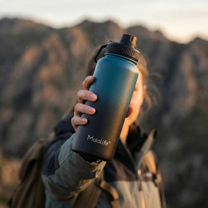 Water Bottle, BPA Free Insulated Stainless Steel, 32oz, Dual lids, Keep Cold 24H, Large Flask, Wide Mouth, Double Wall Metal Sport Drink Bottle, Hiking, Gym, Camping, Deep Teal & Onyx - color: Deep Teal & Onyx