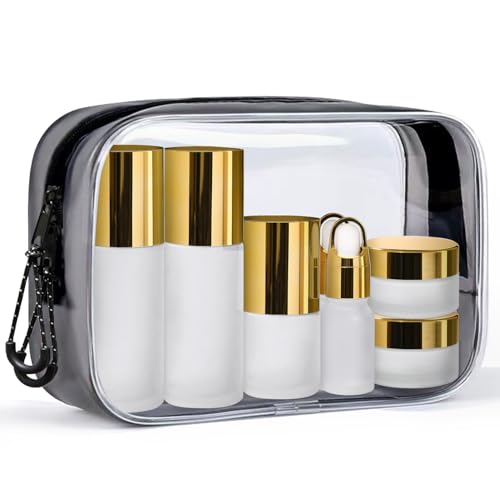 Glass Travel Bottles for Toiletries,TSA Approved，Leak Proof Refillable Travel Size Containers with Pump Spray Dropper Jars for Skincare Lotion Cream or Shampoo - color: Frosted Glass Bottle with Gold Lid
