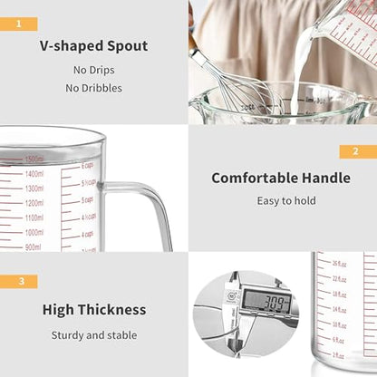 Luvan 6 Cups Glass Measuring Cup, Easy to Read with 3 measurement scales (Ml/Oz/Cup), Insulated Handle and V-shaped Spout, High Borosilicate Glass Measuring Cup, Ideal for Kitchen or Restaurant - color: 50Oz/6Cups/1.5L