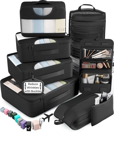 Veken 10 Set/8 Set Packing Cubes for Travel Essentials,Anti-Wrinkle Buckled Suitcase Organizer for Shoe & Toiletry Bag,Carry On Luggage Bag for Airplane & College Dorm Room Accessories,Women Men Gifts - color: 01 Black