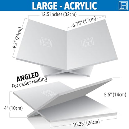 Large White Acrylic Book Stand, 12.5" x 9.5" x 5.5”, Acrylic Book Holder, Open Bookstand for Display and Reading Cookbooks, Art Books, Bibles, Magazines - Home and Office - color: White, size: Large