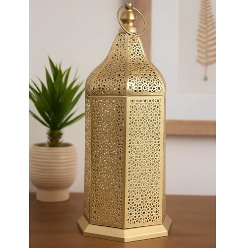 VELA LANTERNS 16" Champagne Gold Moroccan Decorative Candle Lantern – Metal Hexagon Lantern for Table or Hanging, Ramadan Turkish Islamic Decor, Wedding Centerpiece, Indoor Home Patio Lighting