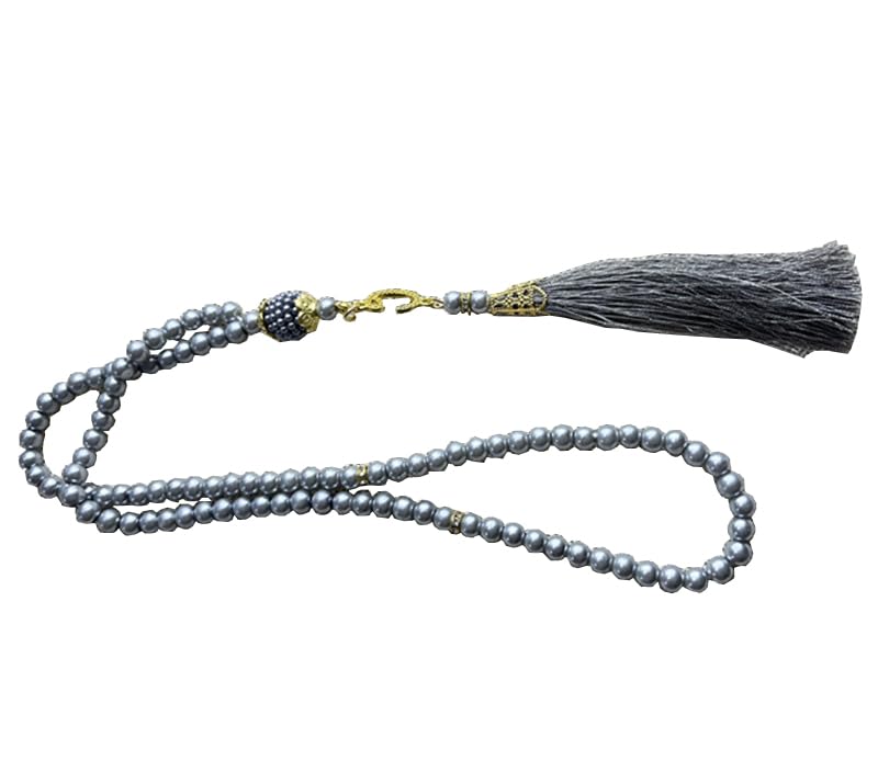 Tasbih Muslim Prayer Praise Beads, 6mm 99 Beads Glass Pearl Muslim Rosary Bracelet with Tassel, Natural Bead Pearls Tassel Pendant, Men Women Meditation Jewelry (grey) - color: grey