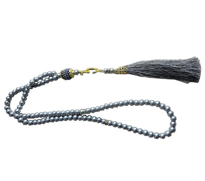 Tasbih Muslim Prayer Praise Beads, 6mm 99 Beads Glass Pearl Muslim Rosary Bracelet with Tassel, Natural Bead Pearls Tassel Pendant, Men Women Meditation Jewelry (grey) - color: grey