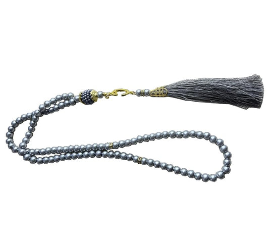 Tasbih Muslim Prayer Praise Beads, 6mm 99 Beads Glass Pearl Muslim Rosary Bracelet with Tassel, Natural Bead Pearls Tassel Pendant, Men Women Meditation Jewelry (grey) - color: grey